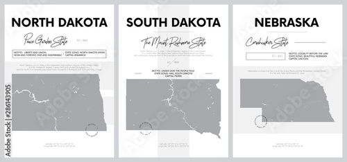 Vector posters with highly detailed silhouettes of maps of the states of America, Division West North Central - North Dakota, South Dakota, Nebraska - set 7 of 17