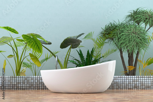 Modern bathtub in bathroom with tropical plants, D Rendering photo