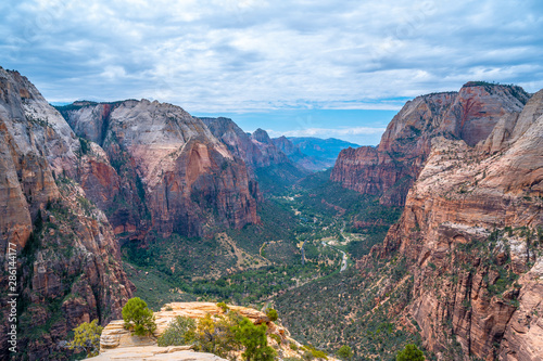 The Zion Canyon seen from the Angels Landing Trail up the mountain in Zion National Park, Utah. United States