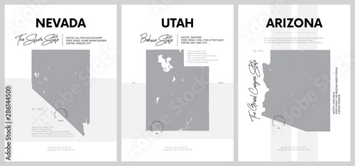 Vector posters with highly detailed silhouettes of maps of the states of America, Division Mountain - Nevada, Utah, Arizona - set 14 of 17