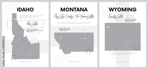 Vector posters with highly detailed silhouettes of maps of the states of America, Division Mountain - Idaho, Montana, Wyoming - set 15 of 17 photo