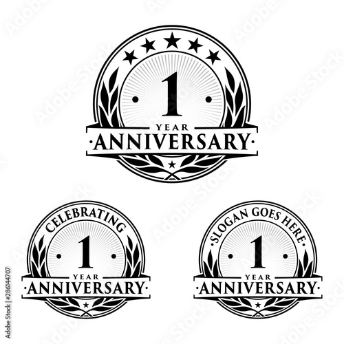 1 year anniversary set. 1st celebration logo collection. One year logo set. Vector and illustration.
