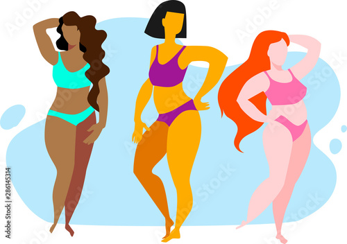 Three fat women of different nationalities in swimsuits. Vector illustration in flat style on the theme of bodypositive.