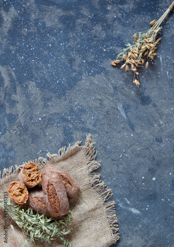 Healthy breakfast cereal bread (burlap napkin) photo