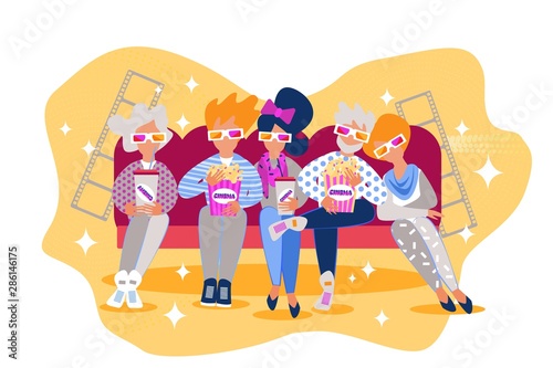 Cartoon People Sit Couch Eat Popcorn Cinema Movie