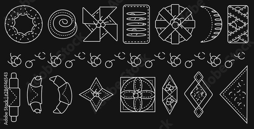 Set of bakery and pastry products in outline style on black backdrop. Croissants, bagels, puffs, roll, buns of puff pastry with fresh berries and jam icons set. Vector pattern for bakeries, cafe, menu