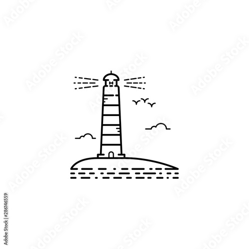 Thin stroke outline vector lighthouse icon. Sea tower logo with ocean wave, sky and birds seagull.