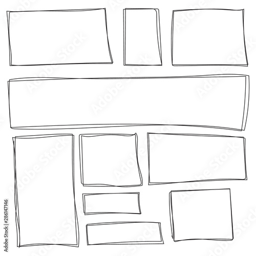 Set of freehand drawn horizontal and vertical rectangles and squares drawn by felt-tip pen. Text box and frames. Vector illustration.