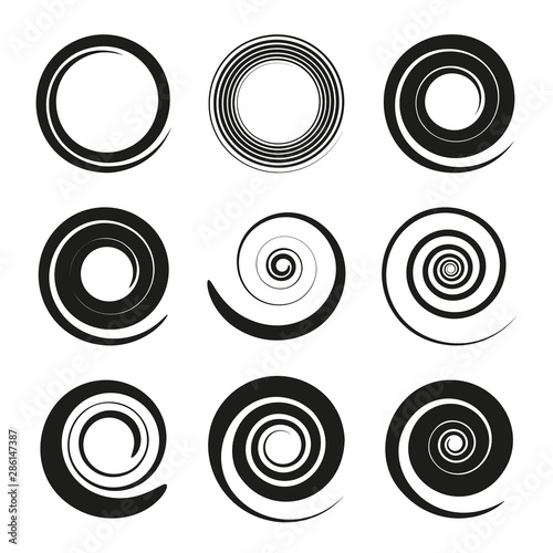 Set of black spiral and swirl motion elements. Swirling vector icons