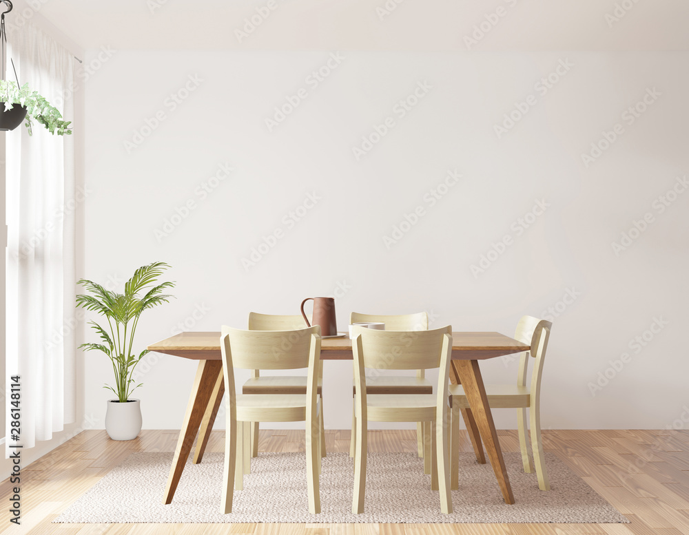 Dining room and kitchen copy space on white background, front view,3D rendering - obrazy, fototapety, plakaty 