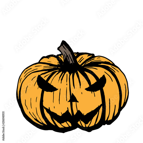 Halloween pumpkin with scary carved face, hand drawn vector illustration.