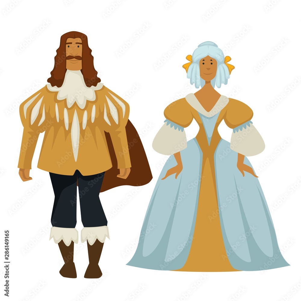 Man and woman in baroque outfit, ball gown and wigs, gold colors