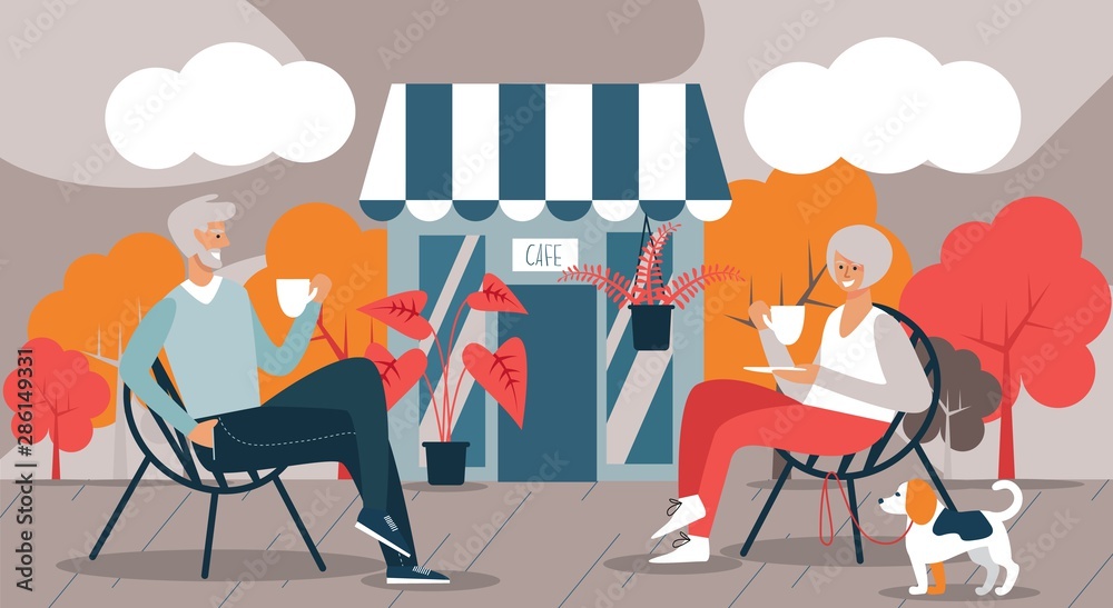 Elderly Man and Woman avd Dog Drink Coffee in Cafe Elderly Man and Woman avd Dog Drink Coffee in Cafe