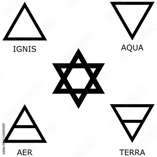 Six-pointed star and symbols of the four elements of nature. Signs of fire, water, air, earth.