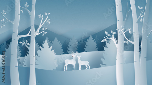 Deer couple in forest in paper cut style. Winter landscape with snow field in Christmas and winter season. Vector illustration design, poster, banner, wallpaper, backdrop.