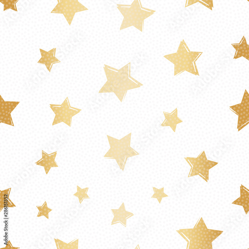 Gold foil line art style star all over print. Seamless vector pattern on white background with overlay dotted texture. Great for Christmas or wedding products, giftwrap, packaging, stationery,