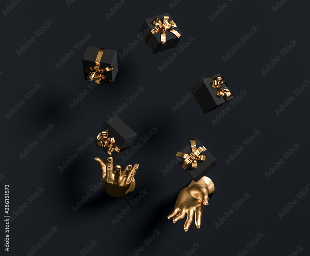 Gold hands sculpture juggle gift boxes on black background. Luxury happy birthday, holiday abstract giveaway concept. 3d illustration Gold hands sculpture juggle gift boxes on black background. Luxury happy birthday, holiday abstract giveaway concept. 3d illustration