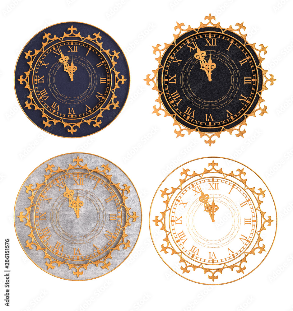 Obraz premium Set. Round clock decorated with gold weaving, New Year theme, Christmas. 3d rendering