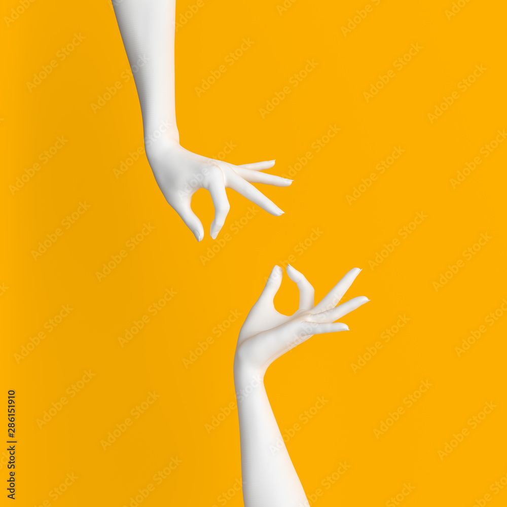 Abstract Hand pose like picking something isolated on yellow. 3d illustration - obrazy, fototapety, plakaty 