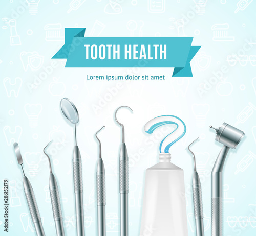 Tooth Health Concept Banner Card with Realistic 3d Detailed Elements. Vector