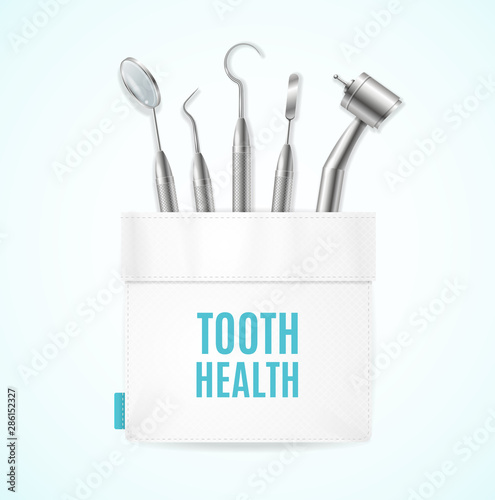Tooth Health Concept Banner Card with Realistic 3d Detailed Elements Medical Instrument. Vector