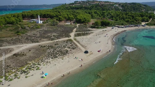 Aerial drone video of iconic Possidi paradise sandy turquoise beach and Peninsula in Kassandra, Halkidiki, North Greece photo