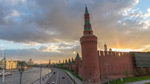 Moscow Russia time lapse 4K, city skyline sunset timelapse at Kremlin Palace Red Square and Moscow River