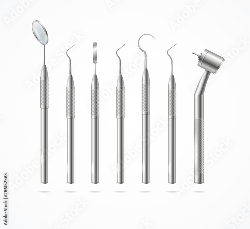 Realistic Detailed 3d Stainless Professional Dental Tools Set. Vector