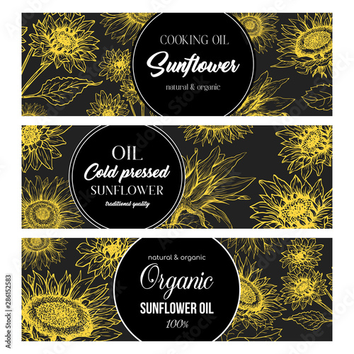 Sunflower Oil Print Template. Yellow and Orange Banners for Thanksgiving Holiday or Packaging Brand Identity. Vector Illustration