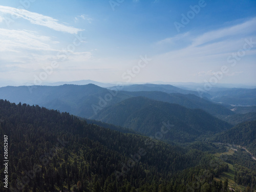 Beauty day in the mountains in Altay, panoramic picture. Aerial shot on drone © olinchuk