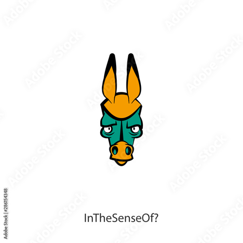 Head of a ridiculous serious donkey on a white background. Sticker, pattern, background, wall decoration. Vector illustration. Cartoon character farm animal. Need to think! In the sense of?