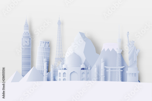 Various travel attractions in paper art style