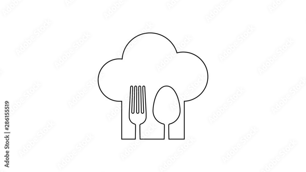 Black Chef hat with fork and spoon line icon on white background. Cooking symbol. Restaurant menu. Cooks hat. 4K Video motion graphic animation Black Chef hat with fork and spoon line icon on white background. Cooking symbol. Restaurant menu. Cooks hat. 4K Video motion graphic animation