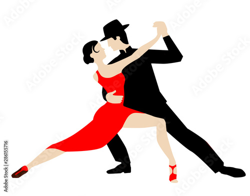 Beautiful couple dancing tango. A woman in a red dress and a man in a black suit and hat.