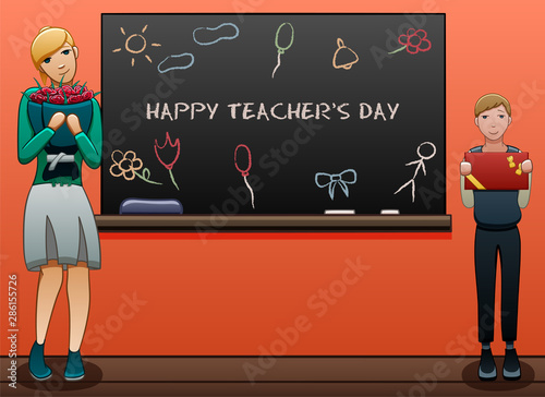 Young teacher and male pupil near blackboard