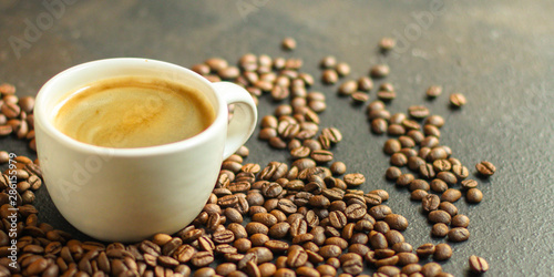 coffee cup and coffee grain (fresh, hot, aromatic drink). top food background. copy space