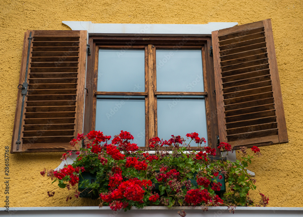 Vintage window with flowers in an Alpine House