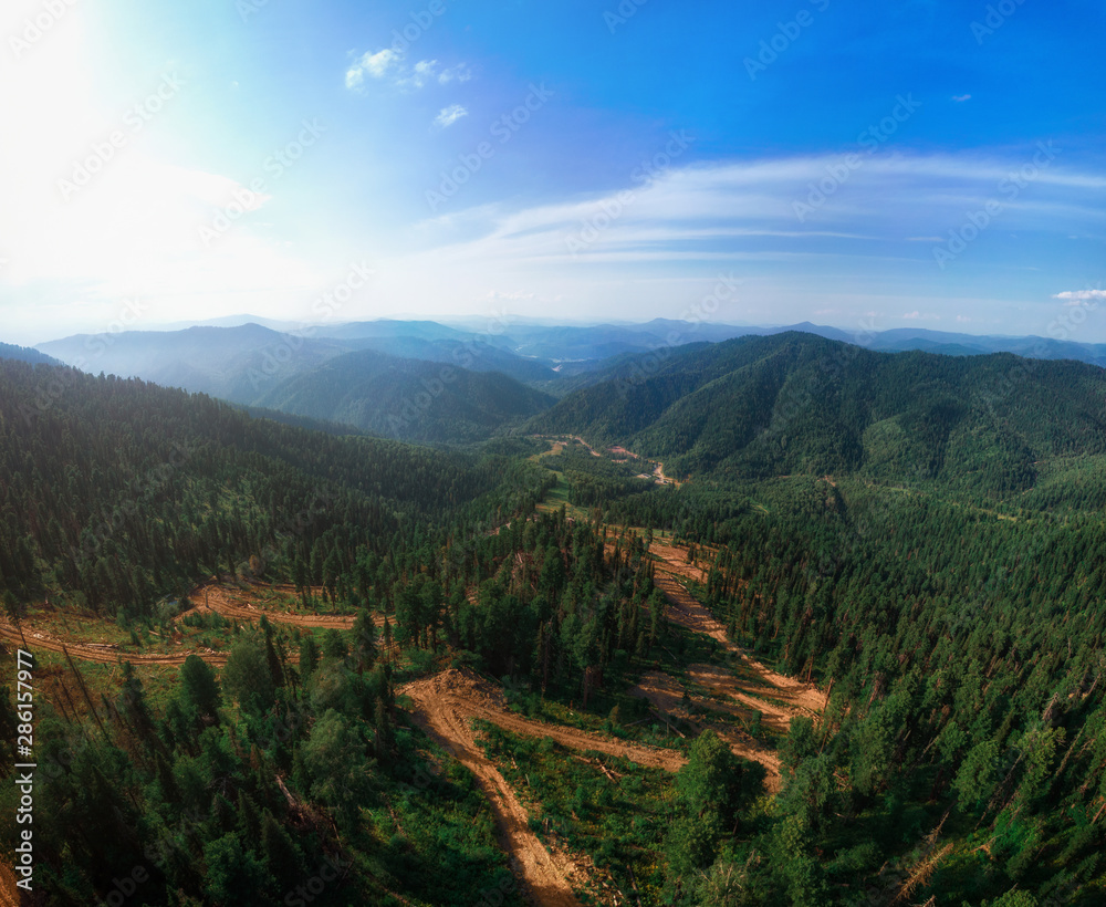 Beauty day in the mountains in Altay, panoramic picture. Aerial shot on drone