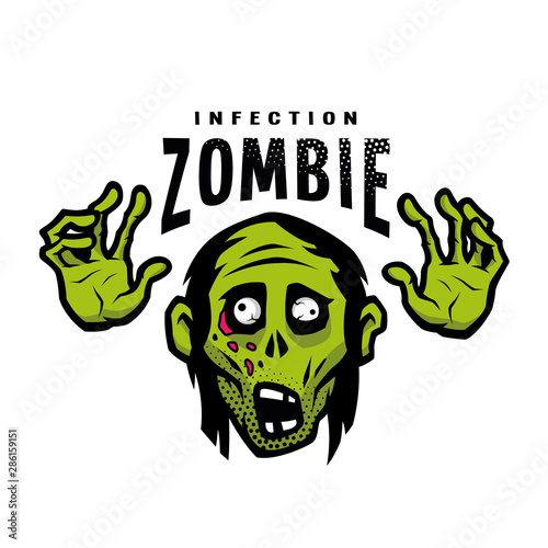 Cartoon green zombie, outbreak infection, emblem. Vector illustration.