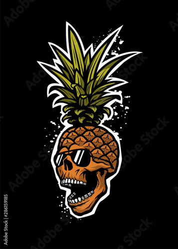 Pineapple skull in a sunglasses, tee shirt graphics on a dark background. Vector illustration.