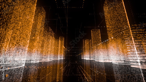 Moving through the orange and white colored model of abstract digital city contained of numbers and symbols on black background. Business, communications or digital tech concept. 3d rendering 4k