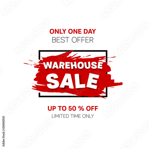 Warehouse Sale banner. Sale offer price sign. Brush vector banner. Discount text. Vector	