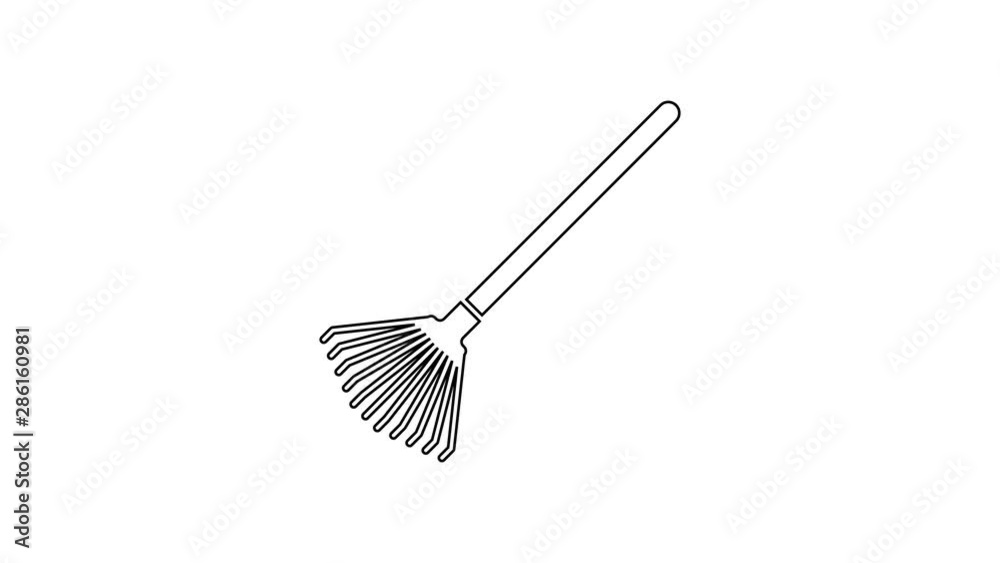 Black Garden rake for leaves line icon on white background. Tool for horticulture, agriculture, farming. Ground cultivator. 4K Video motion graphic animation Black Garden rake for leaves line icon on white background. Tool for horticulture, agriculture, farming. Ground cultivator. 4K Video motion graphic animation
