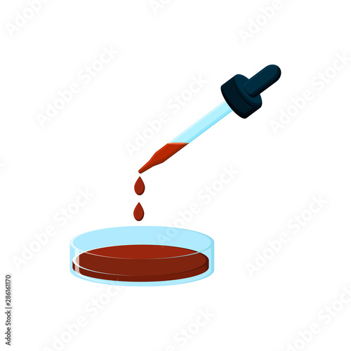 Pipette with red liquid and petri dish isolated on white background.