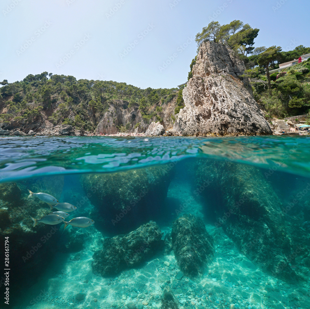 Spain rocky coastline with rocks and fish underwater near Calella de Palafrugell, Costa Brava, Mediterranean sea, Catalonia, split view half over and under water