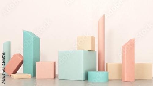 Group of geometric objects in the form of podiums, stand platform, stylish trendy illustration, mock up, 3d render.Showcase for advertising in pastel colors of goods -bags, perfumes, shoes, cosmetics.