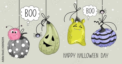 Happy Halloween greeting card with monsters and pumpkins. Handwriting calligraphy. Vector.