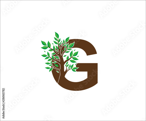 Abstract G Logo Letter Made From Brown Tree Branches with green leaves. Tree Letter Design with Minimalist Creative Style.