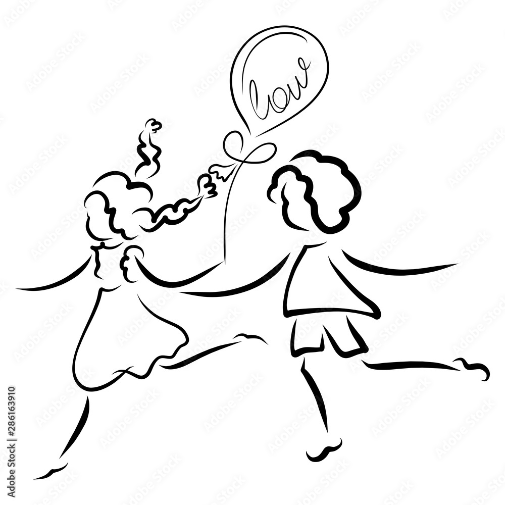 running happy boy and girl with a balloon, inscription Love running happy boy and girl with a balloon, inscription Love