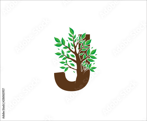Abstract J Logo Letter Made From Brown Tree Branches with green leaves. Tree Letter Design with Minimalist Creative Style.